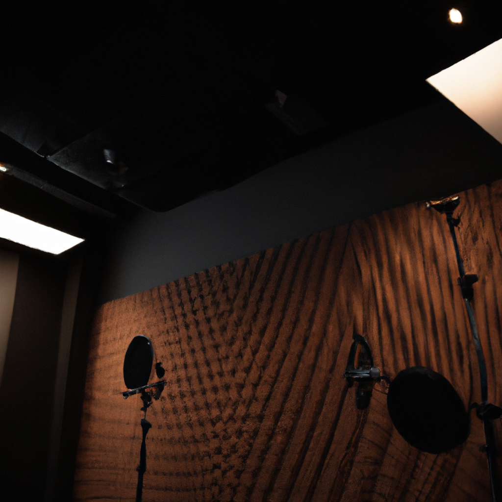 Modern podcast studio with acoustic panels, soft lighting and neutral tones